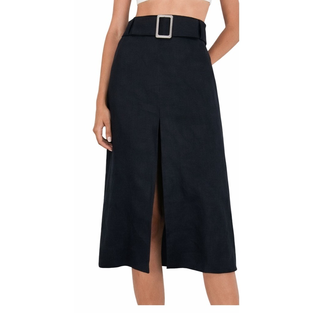 Farm Rio Linen Midi Skirt Belted High Waist Black Slit Women's S